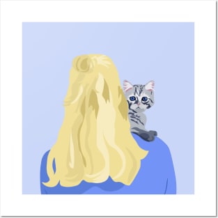 Blonde woman with cat on her shoulder Posters and Art